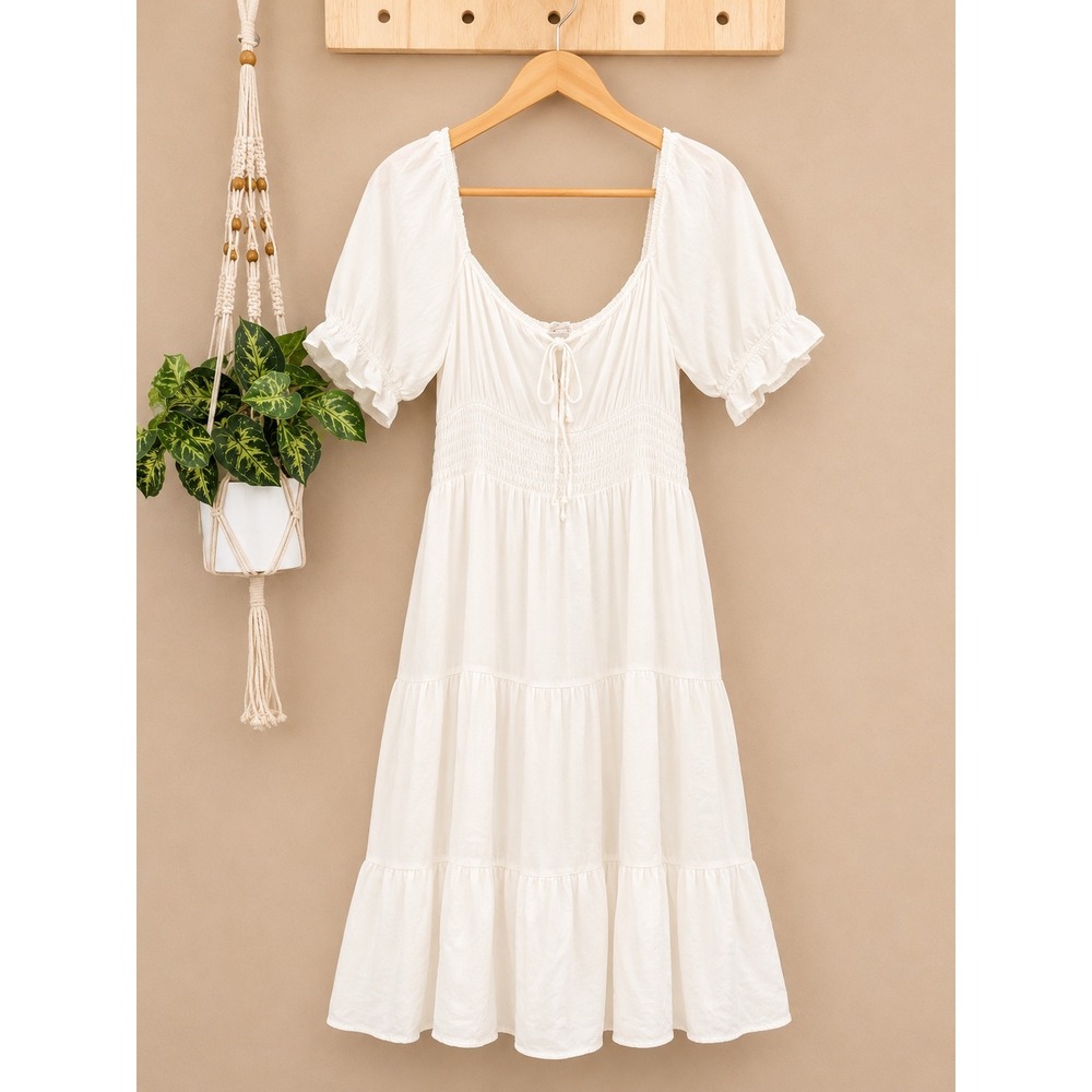 Le Lis Collection White Smocked Tiered Midi Dress Womens Medium Boho Puff Sleeve